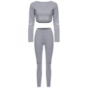 Stylish Scoop Neck Long Sleeve Hollow Out Solid Color Crop Top + Skinny Pants Women s Twinset339887