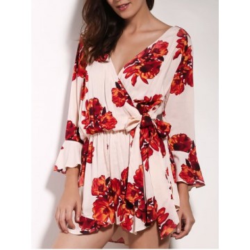Charming V Neck 3/4 Sleeve Floral Print Loose Self-Tie Wrap Romper For Women436471