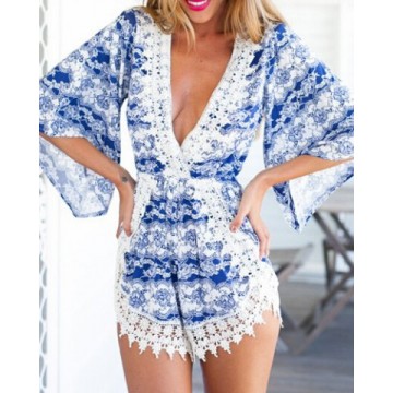 Stylish Plunging Neck Printed Lace Embellished Women s Romper160963