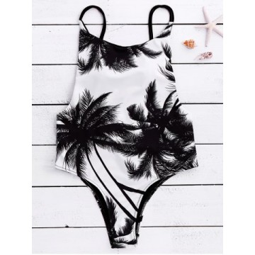 Chic Spaghetti Strap Coconut Tree Print Backless Women s Swimwear485066