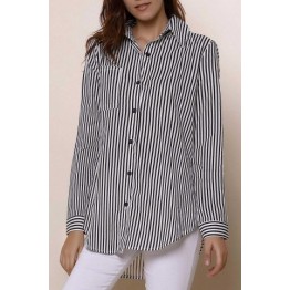 Chic Shirt Collar Long Sleeve Striped Women's Shirt